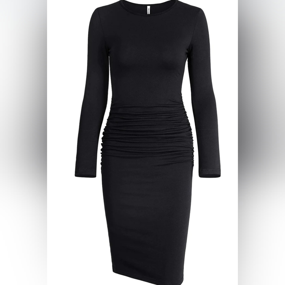 Missufe Black Ruched Casual Bodycon Midi Dress Size Medium Stretch Long Sleeve
